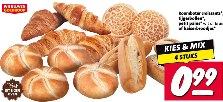Roomboter croissants, tijgerbollen, petit pains wit of bruin of kaiserbroodjes