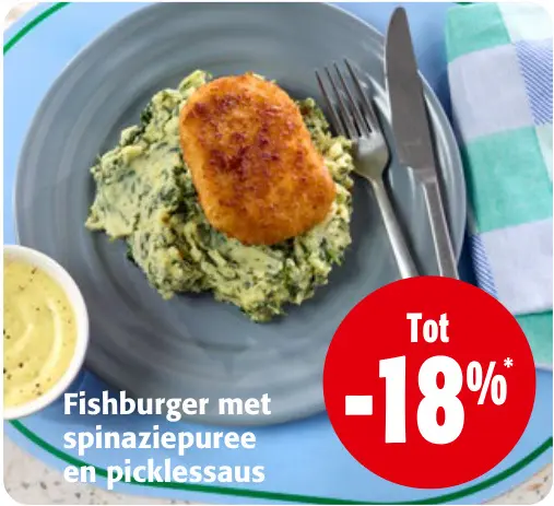 Promotie: Fishburger met spinaziepuree en picklessaus