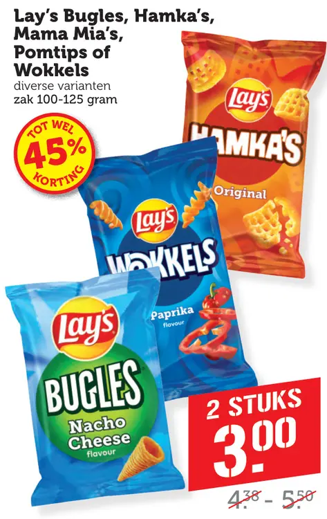 Aanbieding: Bugles, Hamka's, Mama Mia's, Pomtips of Wokkels