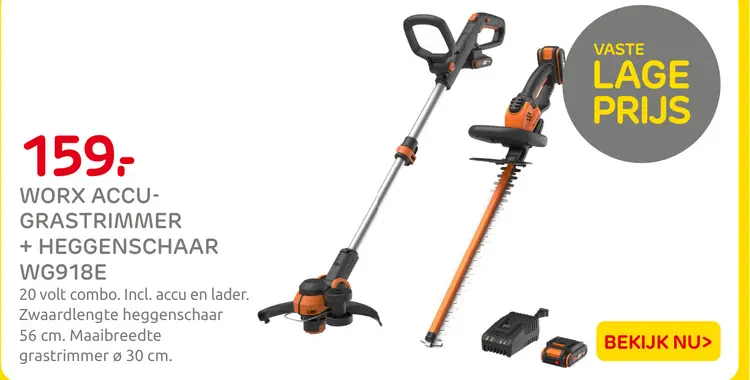 Aanbieding: Worx accu-grastrimmer + heggenschaar wg918e