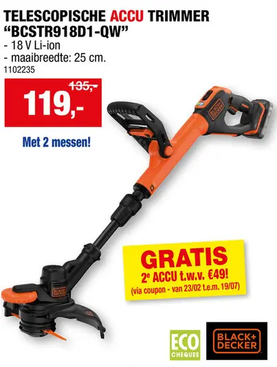 Promotie: Black+Decker BCSTR918D1-QW accu trimmer 18V Li-Ion 25cm