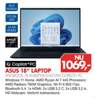 Aanbieding: Asus 18" laptop vivobook 18 m1807ha-s16512w c