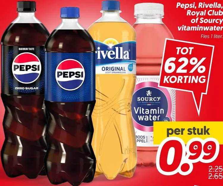 Aanbieding: Pepsi, Rivella, Royal Club of Sourcy vitaminwater
