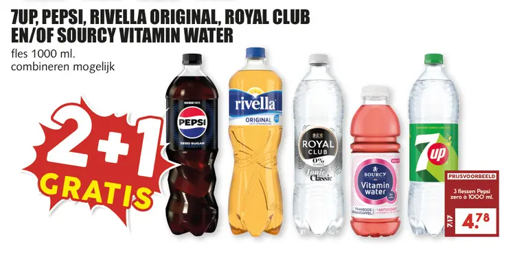Aanbieding: 7UP, Pepsi, Rivella Original, Royal Club en/of Sourcy Vitamin Water