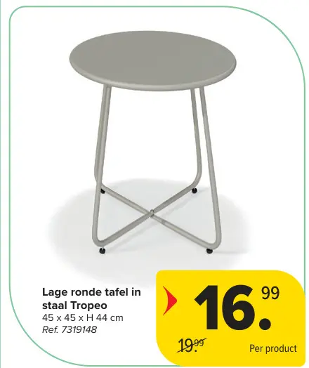 Promotie: Lage ronde tafel in staal Tropeo