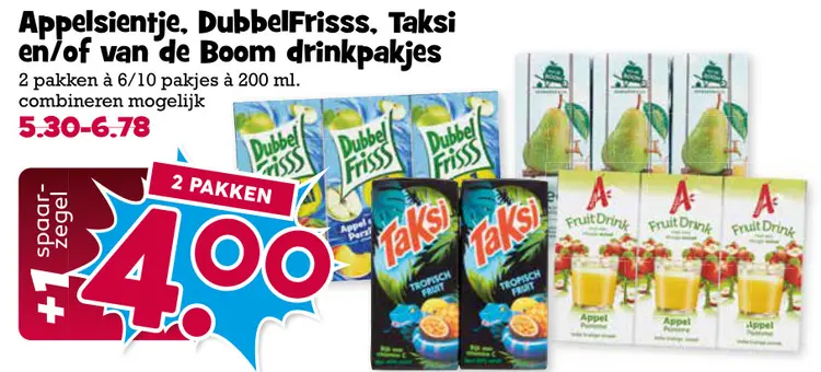 Aanbieding: Appelsientje, DubbelFrisss, Taksi en/of van de Boom drinkpakjes