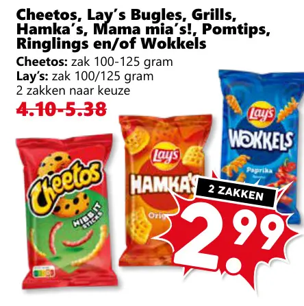 Aanbieding: Cheetos, Lay's Bugles, Grills, Hamka's, Mama mia's!, Pomtips, Ringlings en/of Wokkels