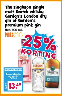 Aanbieding: The singleton single malt Scotch whisky, Gordon's London dry gin of Gordon's premium pink gin
