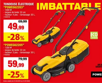 Offre: Powerplus EG POWEG62205 tondeuse électrique 1300W 32cm