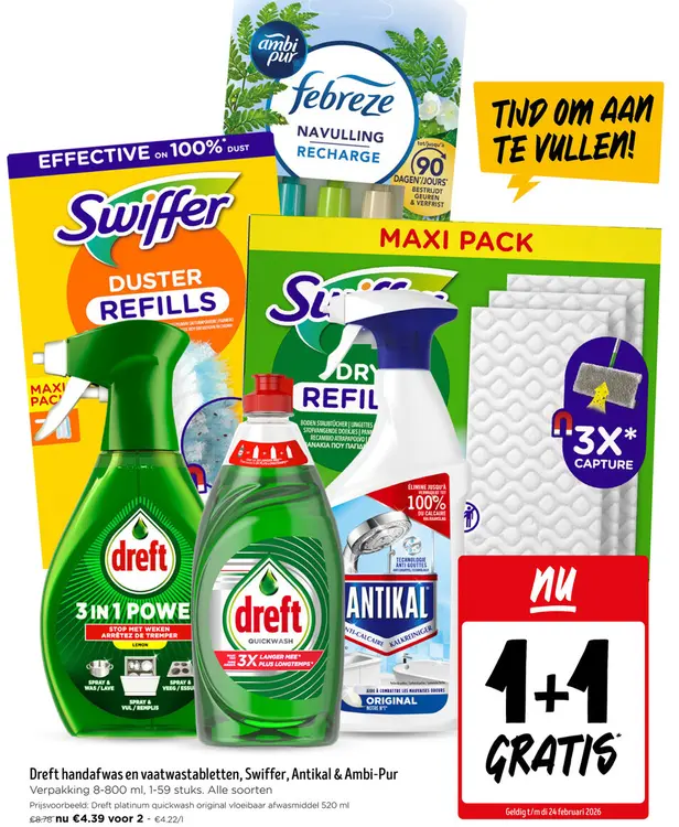Promotie: Dreft handafwas en vaatwastabletten, Swiffer, Antikal & Ambi-pur