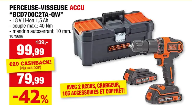 Offre: Black+Decker BCD700C2TA-QW perceuse-visseuse à  percussion sans fil 2x18 V Li-Ion + 2 batteries + chargeur + 105 accessoires