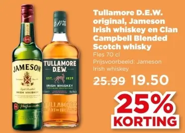 Aanbieding: Tullamore D.E.W. original, Jameson Irish whiskey en Clan Campbell Blended Scotch whisky