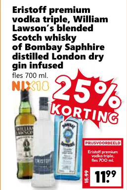 Aanbieding: Premium vodka triple, William Lawson’s blended Scotch whisky of Bombay Saphhire distilled London dry gin infused