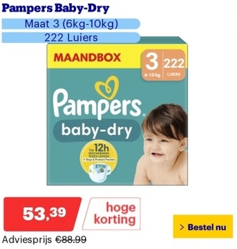 Aanbieding: Pampers Baby-Dry - Maat 3 (6kg-10kg) - 222 Luiers - Maandbox