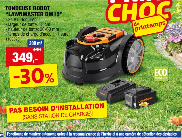 Offre: LawnMaster tondeuse robot 24V Li-Ion 300m² + batterie 24V 4Ah + chargeur