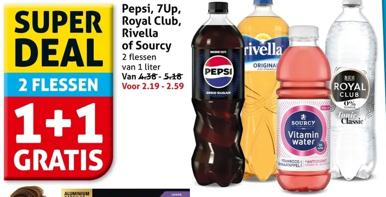 Aanbieding: Pepsi, 7Up, Royal Club, Rivella of Sourcy