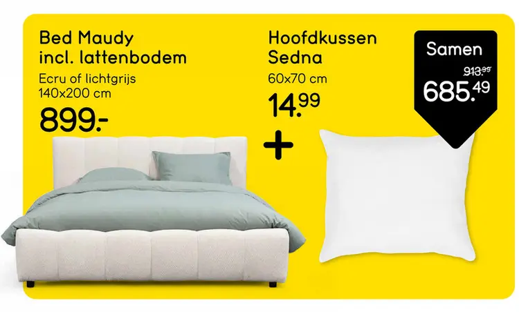 Aanbieding: Bed Maudy incl. lattenbodem + Hoofdkussen Sedna