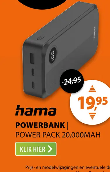 Aanbieding: Hama Power Pack 20.000mAh 3 Uitgangen: 2X USB-C 1X USB-A Zwart