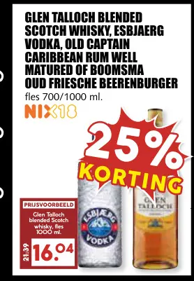 Aanbieding: Glen talloch blended scotch whisky, Esbjaerg vodka, Old Captain Caribbean rum well matured of Boomsma Oud Friesche Beerenburger