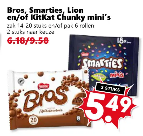 Aanbieding: Bros, Smarties, Lion en/of KitKat Chunky mini's