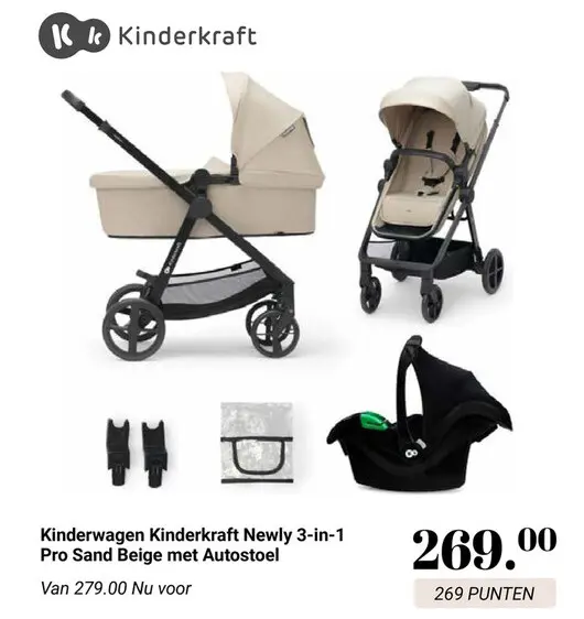 Aanbieding: Kinderwagen Kinderkraft Newly 3-in-1 Pro Sand Beige met autostoel