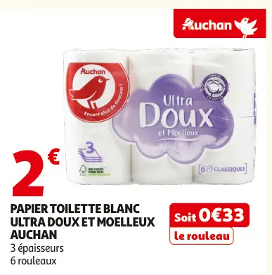 Offre: Papier toilette blanc ultra doux et moelleux