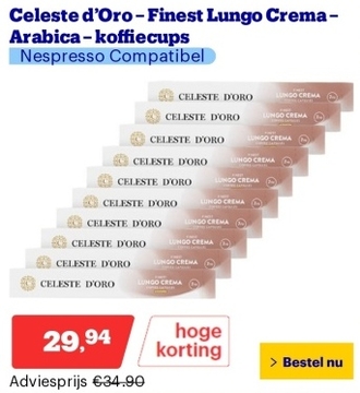 Aanbieding: Celeste d’Oro – Finest Lungo Crema – Arabica – koffiecups - Nespresso Compatibel Capsules – Voor Ieder Moment – 10 x 10 cups