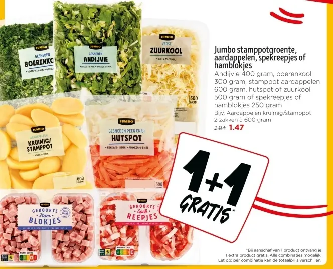 Aanbieding: Jumbo stamppotgroente, aardappelen, spekreepjes of hamblokjes