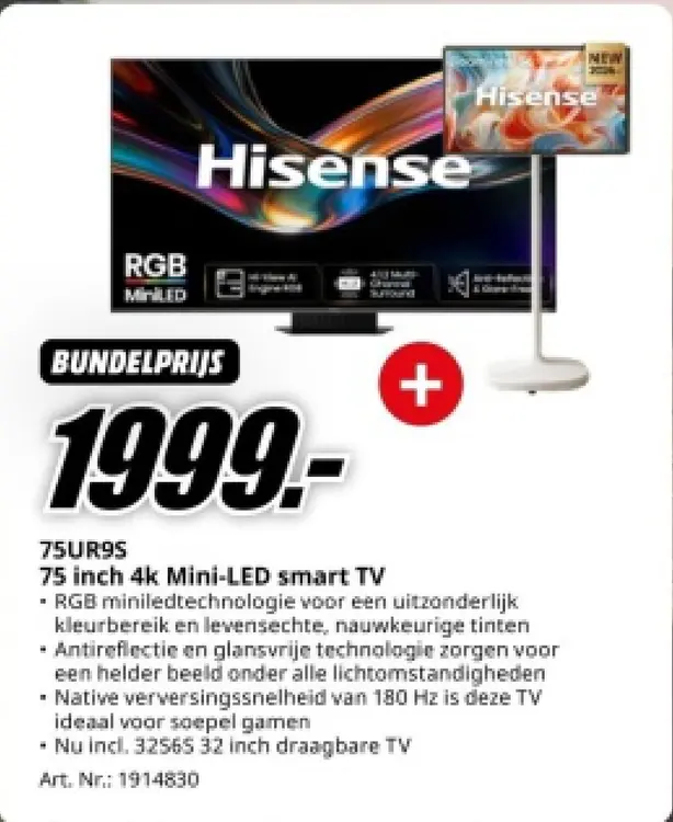 Aanbieding: Hisense 75UR9S 75 inch 4k Mini-LED smart TV +