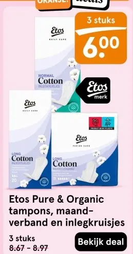 Aanbieding: Etos Pure & Organic tampons, maandverband en inlegkruisjes