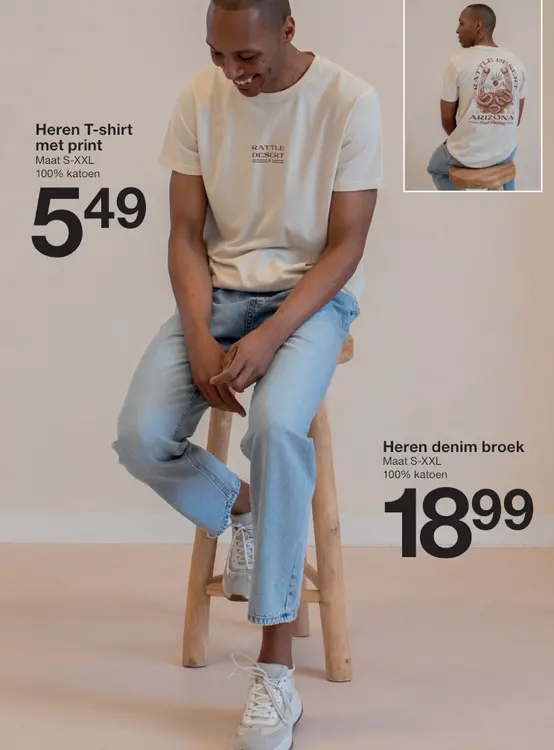 Promotie: Heren T-shirt met print / denim broek
