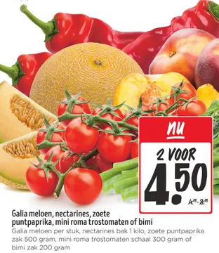 Aanbieding: Galia meloen, nectarines, zoete puntpaprika, mini roma trostomaten of bimi