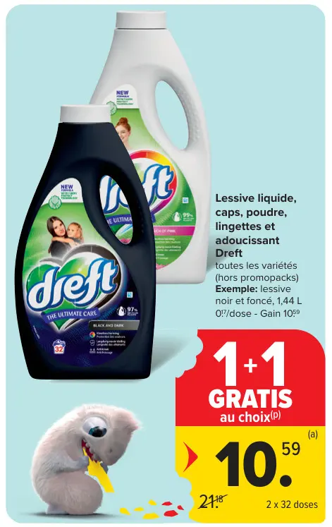 Offre: Lessive liquide, caps, poudre, lingettes et adoucissant