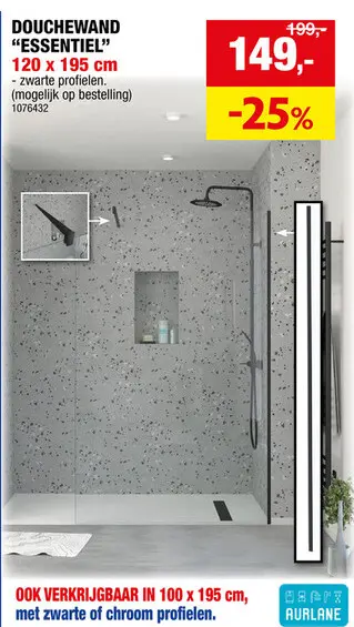 Promotie: Aurlane Essentiel douchewand 120x195 cm helder glas zwart