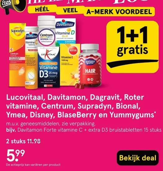Aanbieding: Lucovitaal, Davitamon, Dagravit, Roter vitamine, Centrum, Supradyn, Bional, Ymea, Disney, Blaseberry en Yummygums