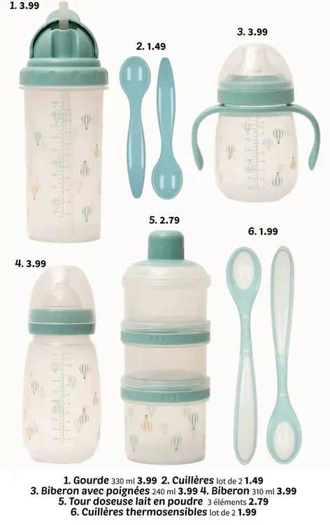 Offre: Gourde, biberon avec poignées, cuillères ou tour doseuse lait en poudre