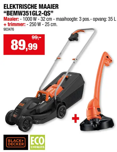 Promotie: Black+Decker BEMW351GL2-QS elektrische grasmaaier 1000W 32cm + trimmer 250W 23cm