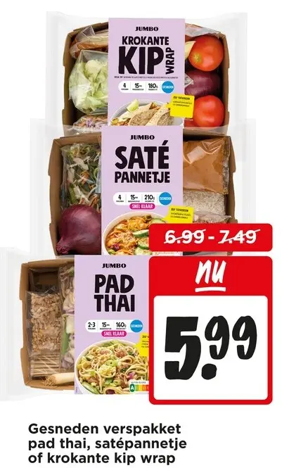 Aanbieding: Gesneden verspakket pad thai, satépannetje of krokante kip wrap