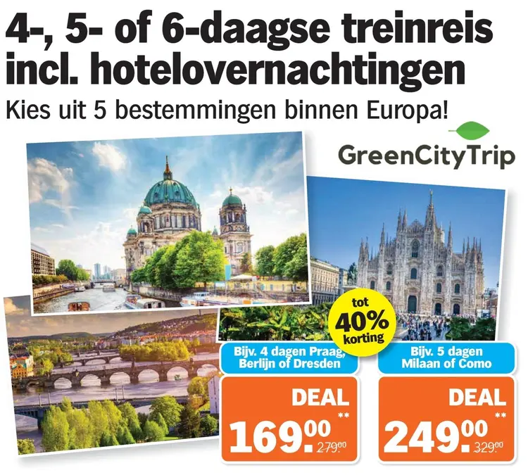 Aanbieding: GreenCityTrip 4-, 5- of 6-daagse treinreis incl. hotelovernachtingen Praag, Berlijn of Dresden