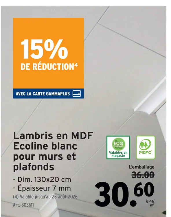 Offre: Lambris en MDF Ecoline blanc pour murs et plafonds