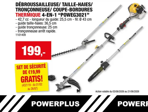 Offre: Powerplus EG POWEG3021 multi-outil de jardin thermique 4-en-1 42,7cc