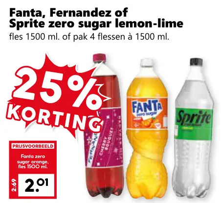 Aanbieding: Fanta, Fernandez of Sprite zero sugar lemon-lime