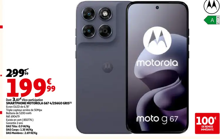 Offre: Smartphone Motorola G67 4/256Go Gris