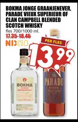 Aanbieding: Jonge graanjenever, Parade vieux superieur of Clan Campbell Blended Scotch Whisky