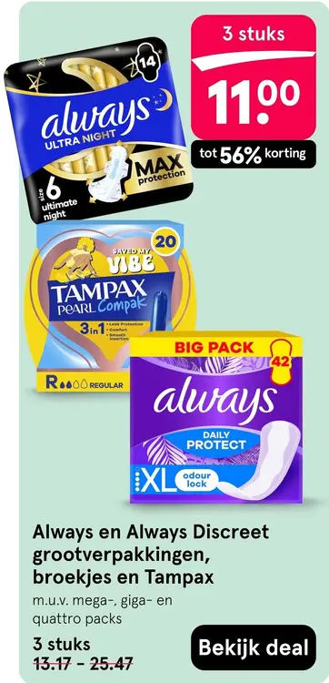 Aanbieding: Grootverpakkingen, broekjes en Tampax