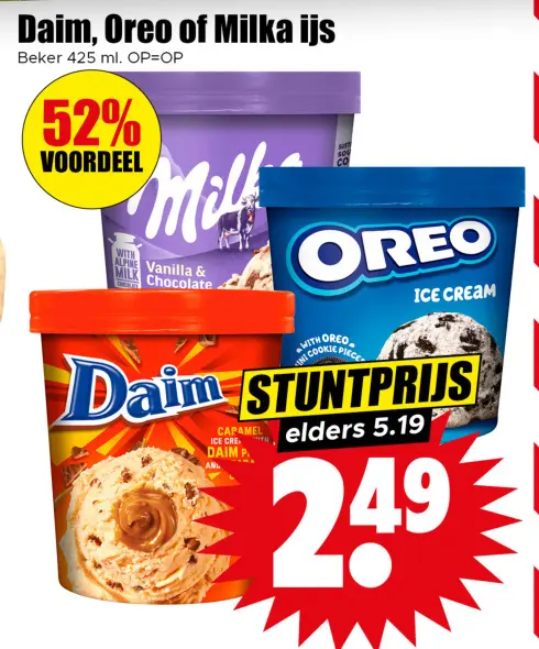 Aanbieding: Daim, Oreo of Milka ijs