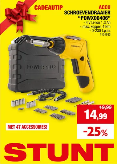 Promotie: Powerplus POWX00406 accu schroevendraaier 4V Li-Ion + 47 accessoires + koffer