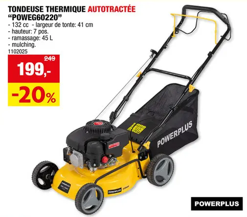 Offre: Powerplus EG POWEG60220 tondeuse thermique autotractée 132cc 41cm