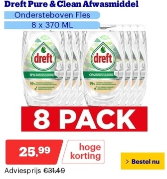 Aanbieding: Dreft Pure & Clean Afwasmiddel - Ondersteboven Fles - 8 x 370 ML