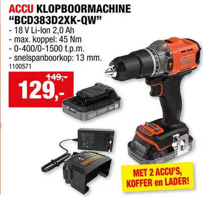 Promotie: BCD383D2XK-QW accu schroef- en klopboormachine 18V Li-Ion met 2 accu's + lader + koffer